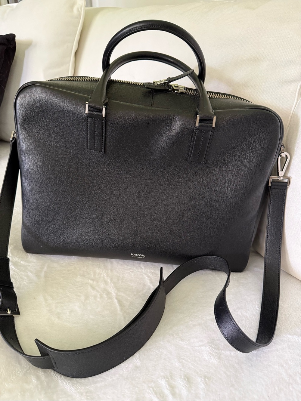 Tom Ford Black Leather Zip-Top Briefcase with Detachable Strap